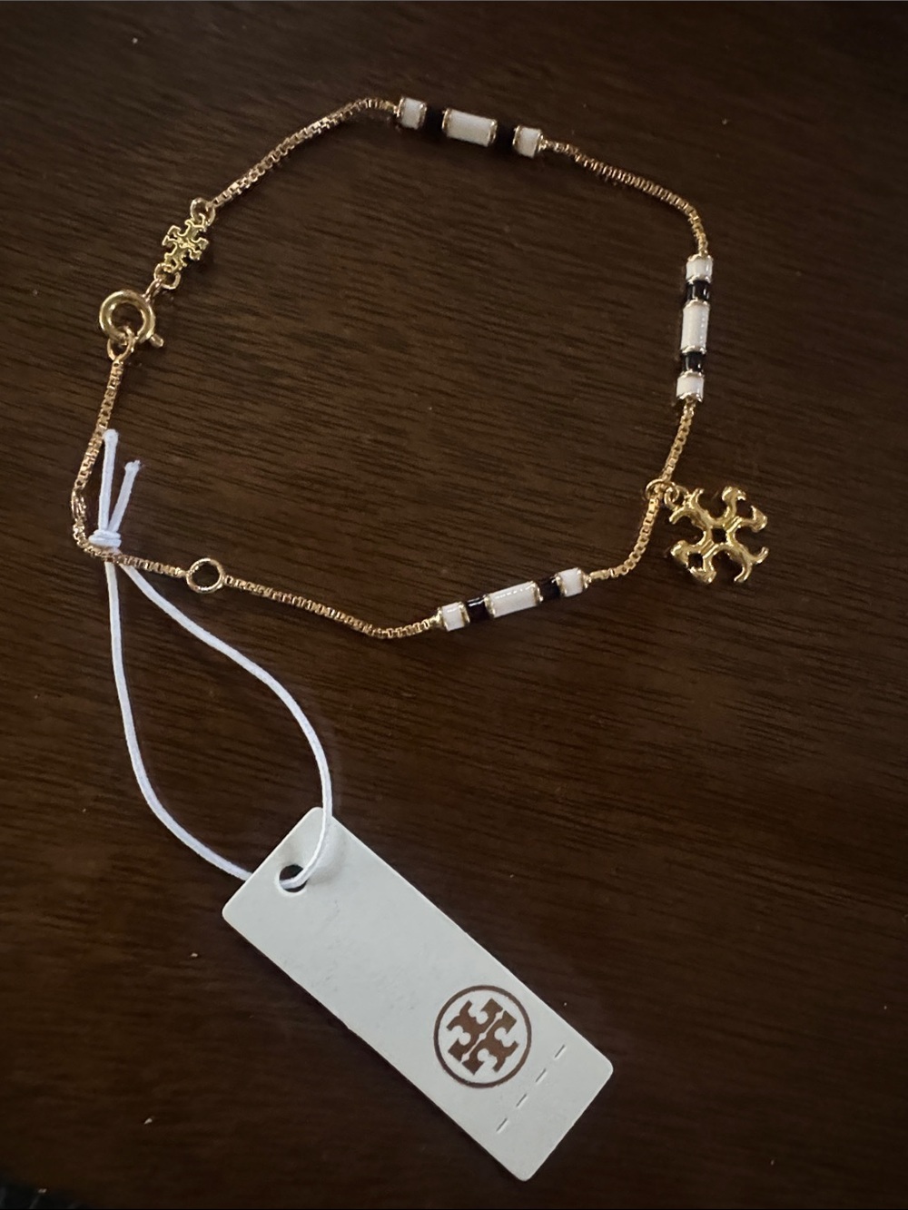 Tory Burch Gold Chain Bracelet with White Enamel Beads and Logo Charm NEW $129